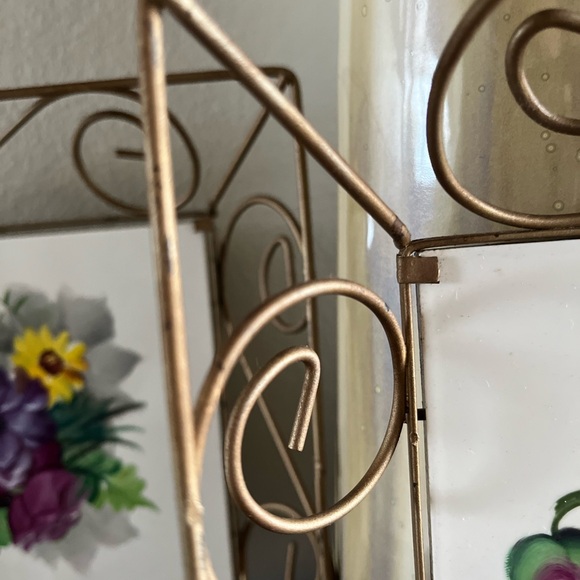 Vintage 60’s - 70’s wall decor, metal swirls framing square floral tiles - Picture 12 of 15